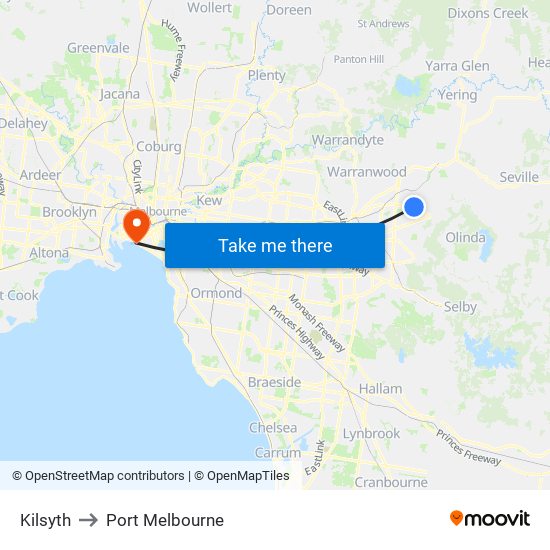 Kilsyth to Port Melbourne map