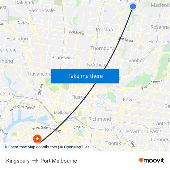 Kingsbury to Port Melbourne map