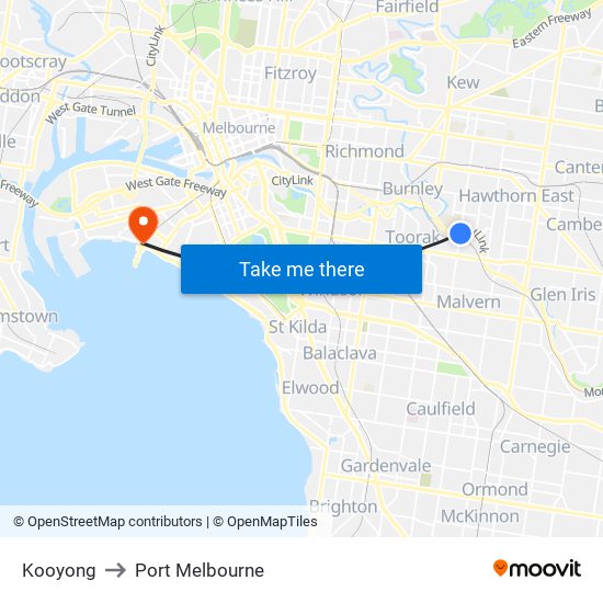 Kooyong to Port Melbourne map