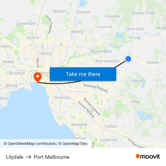 Lilydale to Port Melbourne map