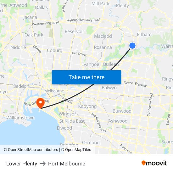 Lower Plenty to Port Melbourne map