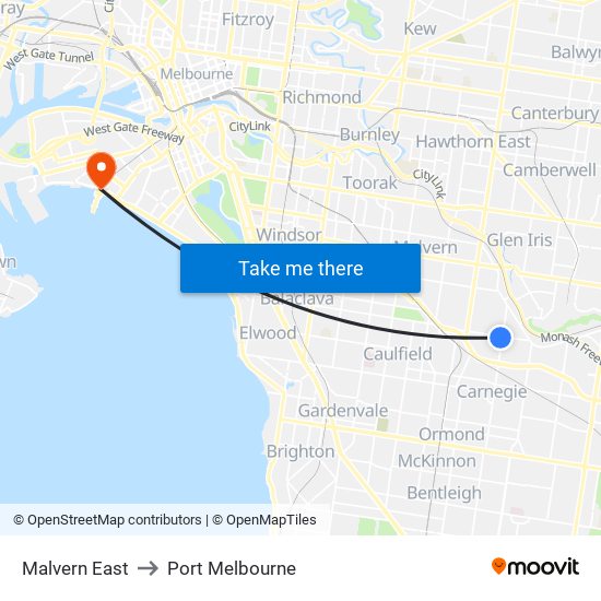 Malvern East to Port Melbourne map