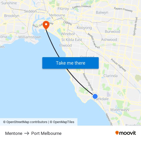 Mentone to Port Melbourne map