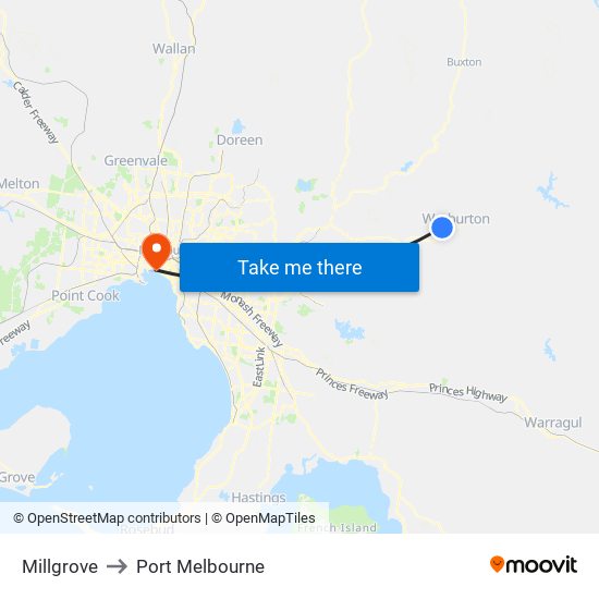 Millgrove to Port Melbourne map