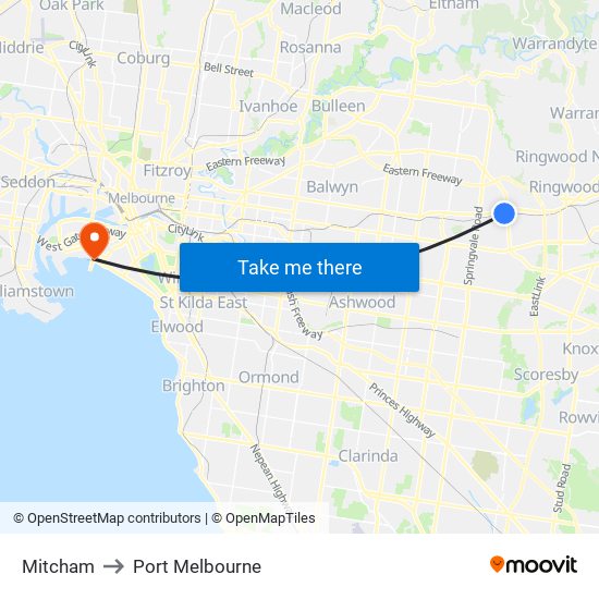 Mitcham to Port Melbourne map