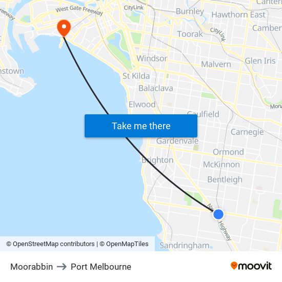 Moorabbin to Port Melbourne map