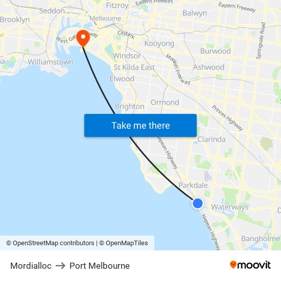 Mordialloc to Port Melbourne map