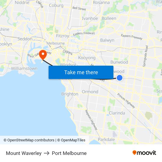 Mount Waverley to Port Melbourne map