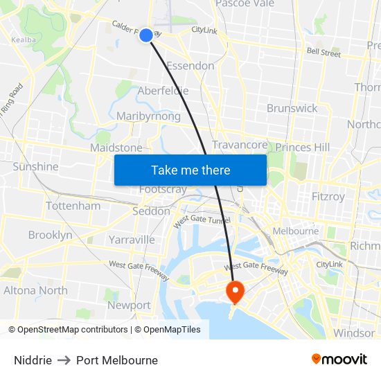 Niddrie to Port Melbourne map