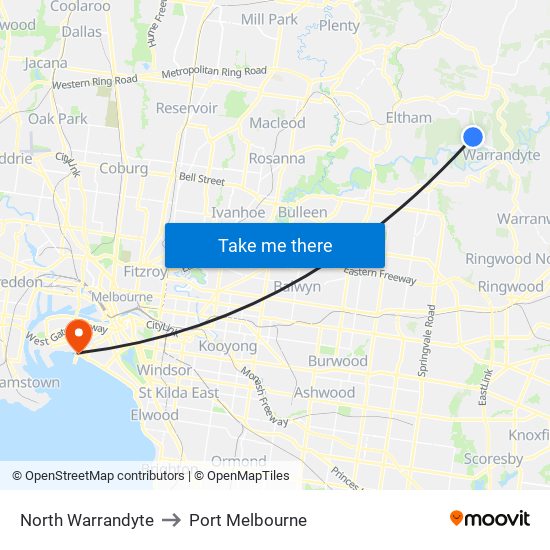 North Warrandyte to Port Melbourne map