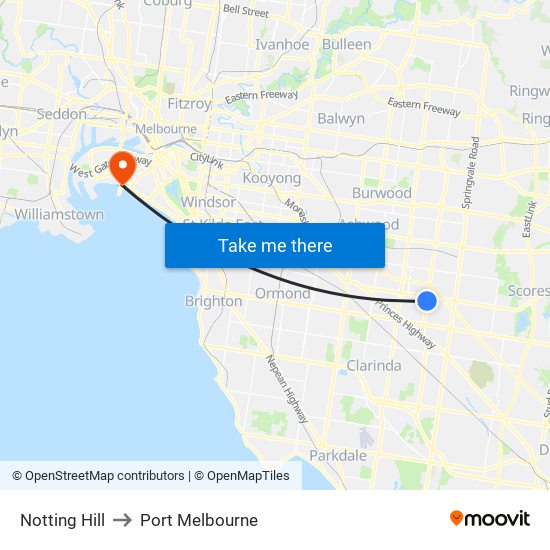 Notting Hill to Port Melbourne map