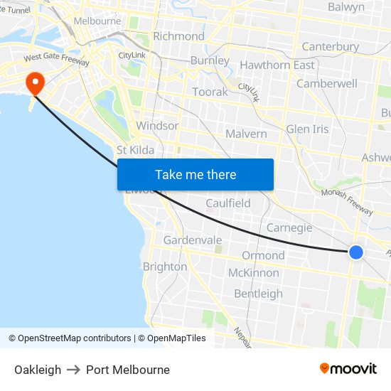 Oakleigh to Port Melbourne map