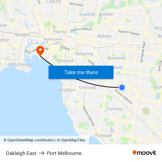 Oakleigh East to Port Melbourne map