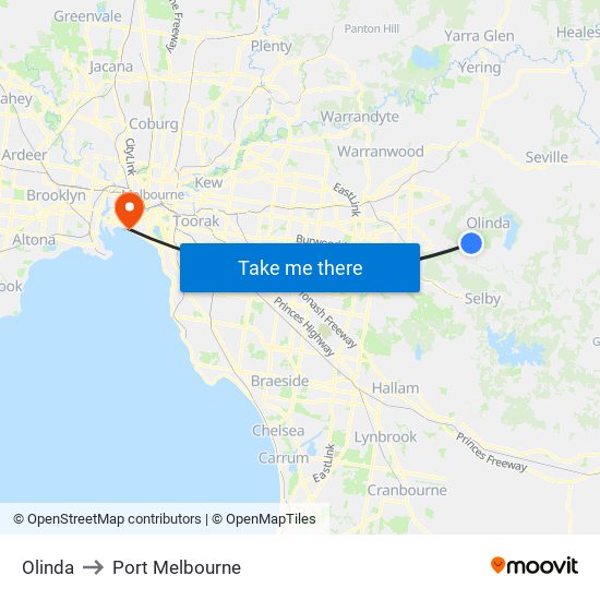 Olinda to Port Melbourne map