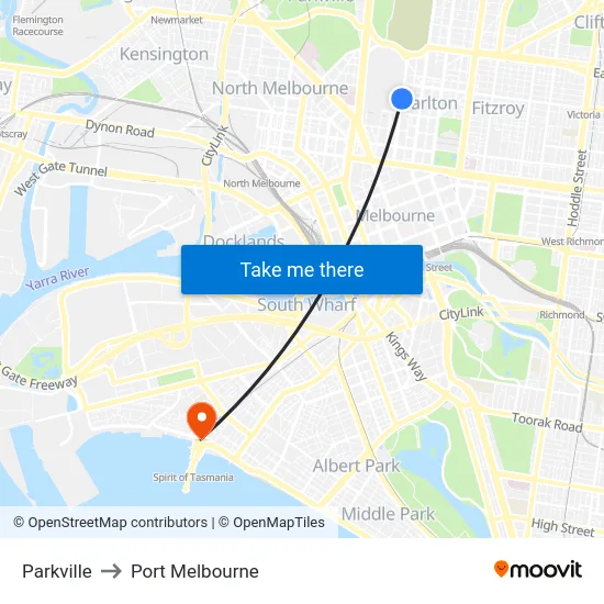 Parkville to Port Melbourne map