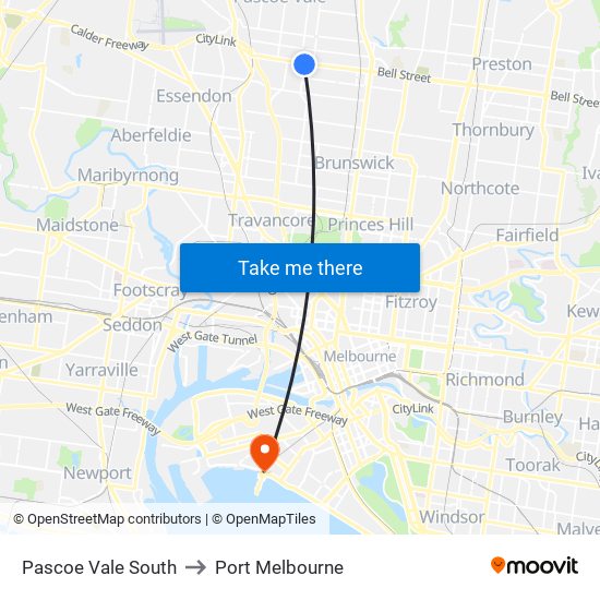 Pascoe Vale South to Port Melbourne map