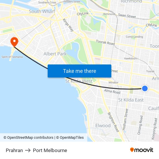 Prahran to Port Melbourne map