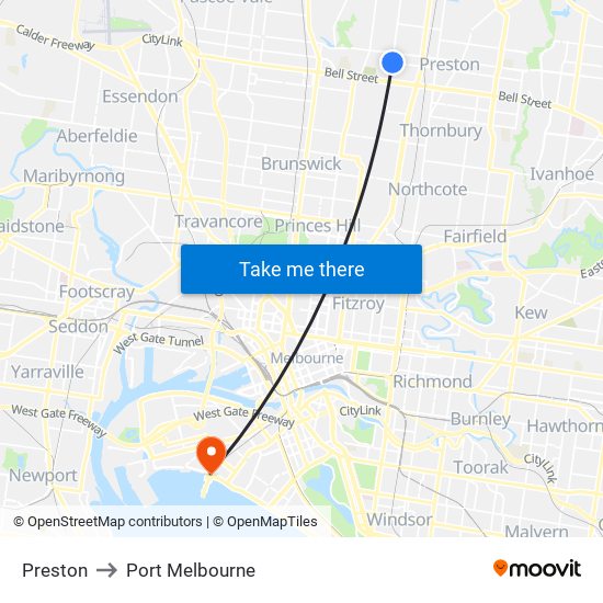 Preston to Port Melbourne map