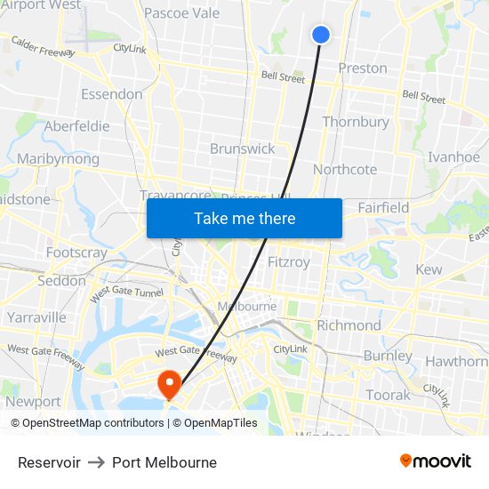 Reservoir to Port Melbourne map