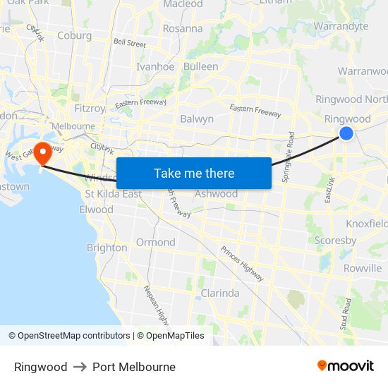 Ringwood to Port Melbourne map