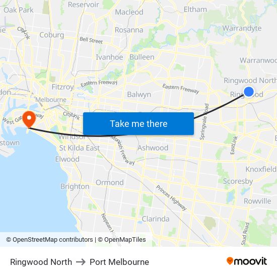 Ringwood North to Port Melbourne map