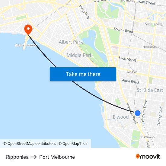 Ripponlea to Port Melbourne map