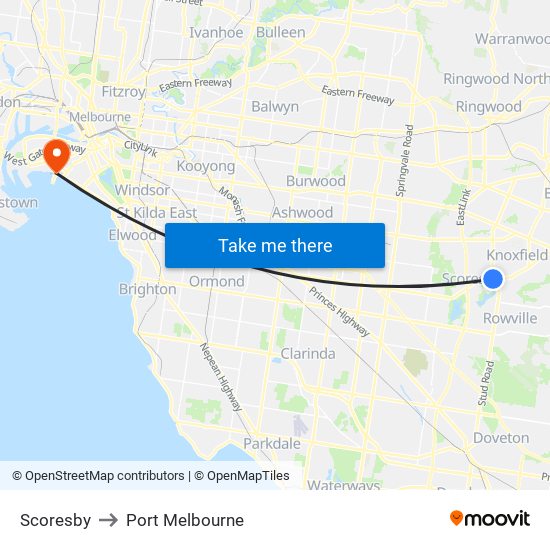 Scoresby to Port Melbourne map