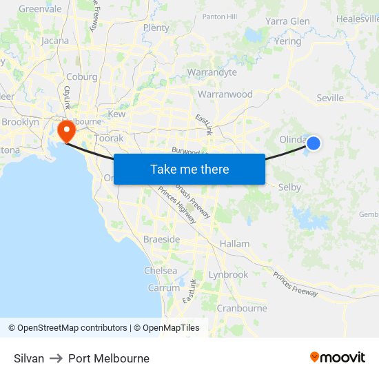 Silvan to Port Melbourne map