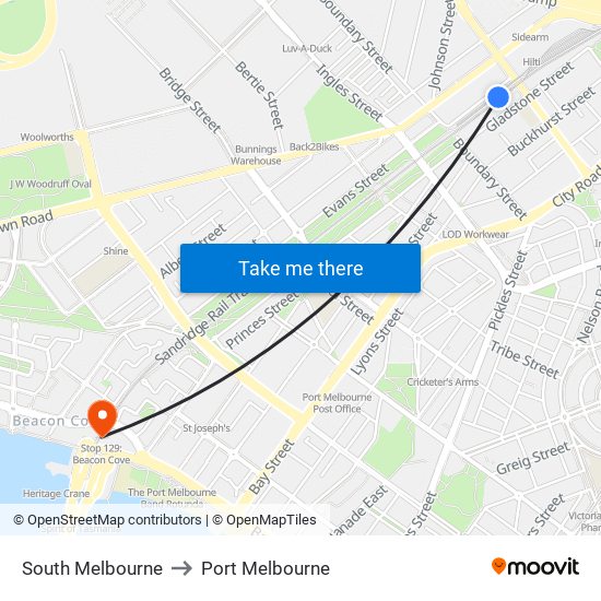 South Melbourne to Port Melbourne map