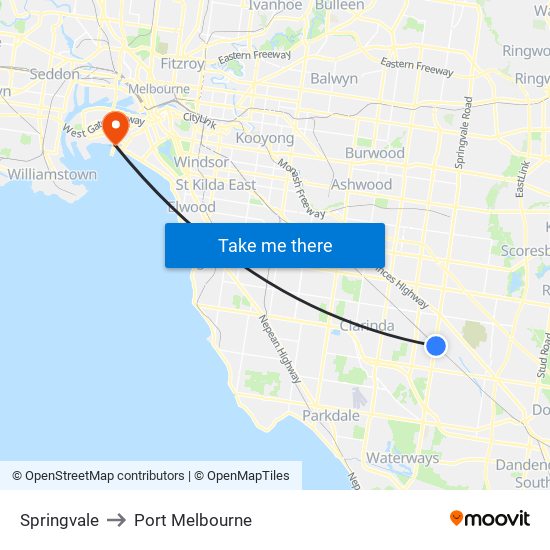 Springvale to Port Melbourne map