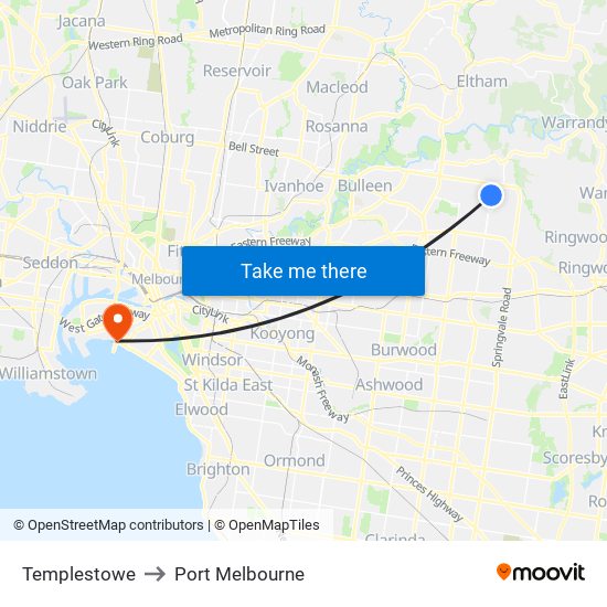 Templestowe to Port Melbourne map