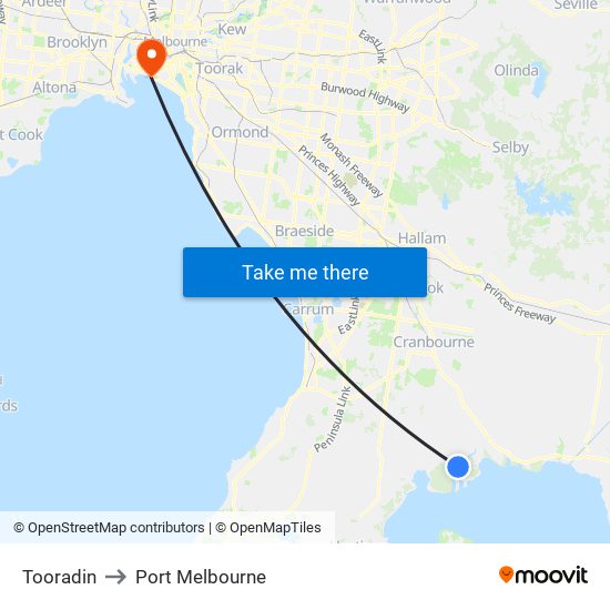 Tooradin to Port Melbourne map