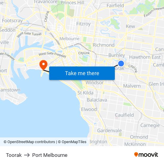 Toorak to Port Melbourne map