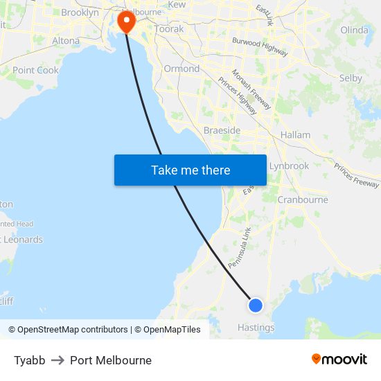 Tyabb to Port Melbourne map