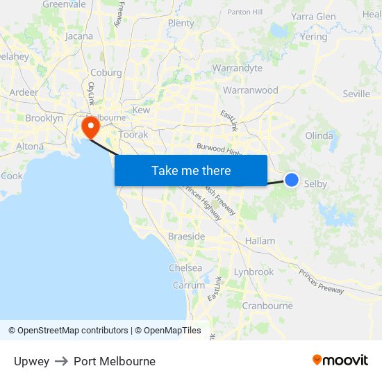 Upwey to Port Melbourne map