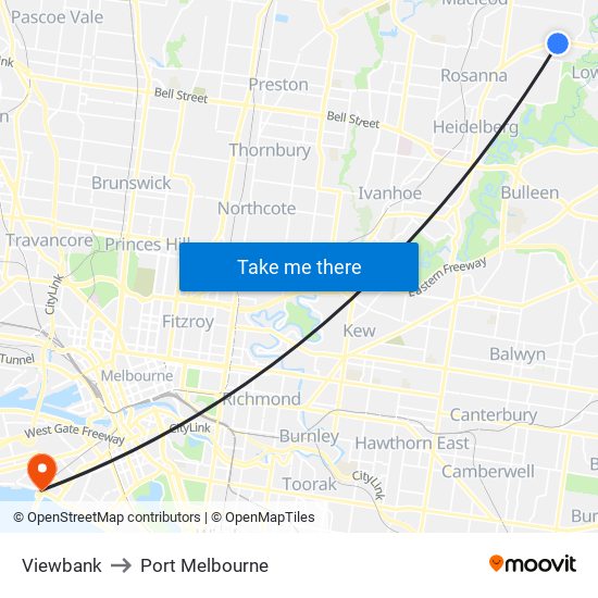 Viewbank to Port Melbourne map