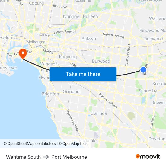 Wantirna South to Port Melbourne map