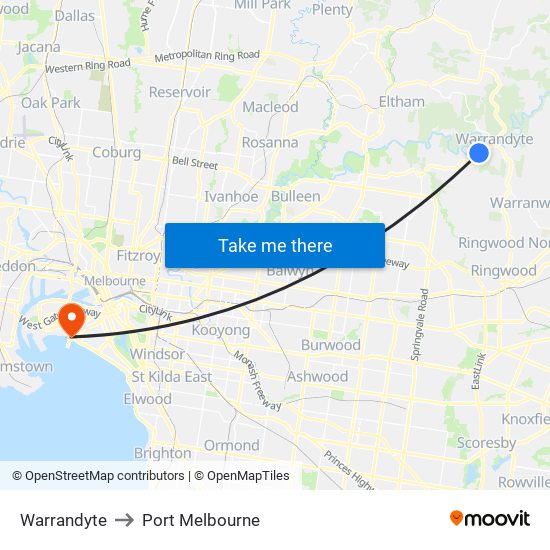 Warrandyte to Port Melbourne map