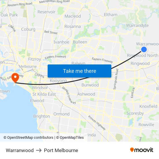 Warranwood to Port Melbourne map