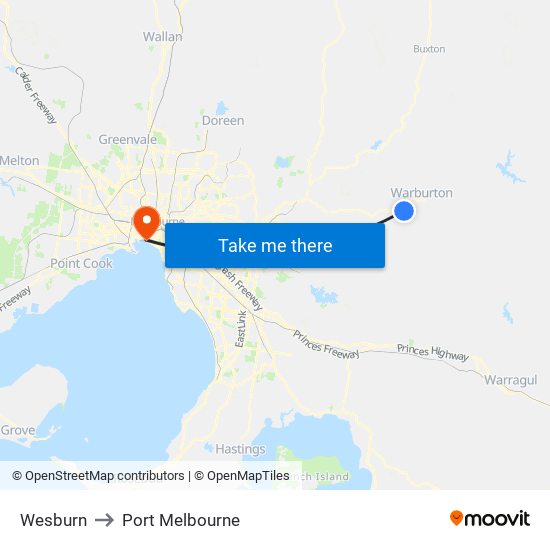 Wesburn to Port Melbourne map