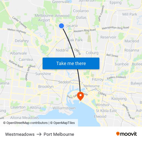 Westmeadows to Port Melbourne map