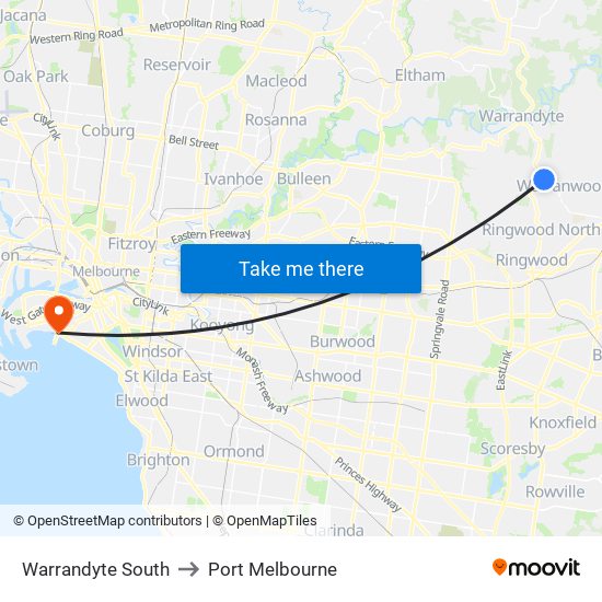 Warrandyte South to Port Melbourne map