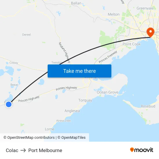 Colac to Port Melbourne map
