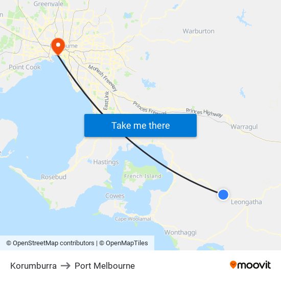 Korumburra to Port Melbourne map