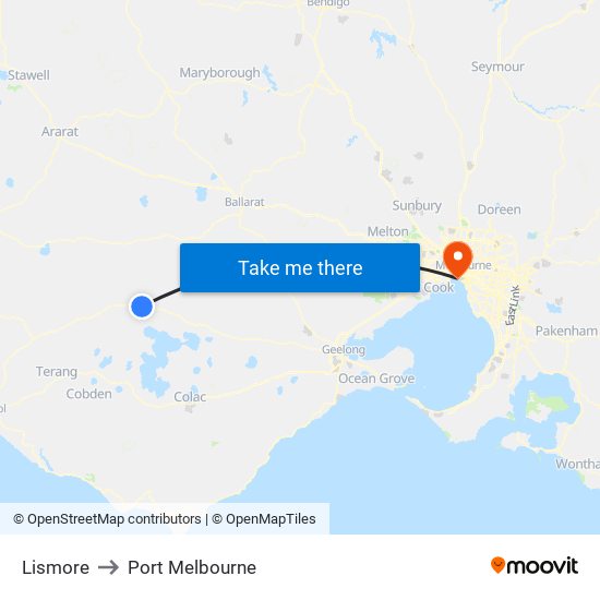 Lismore to Port Melbourne map