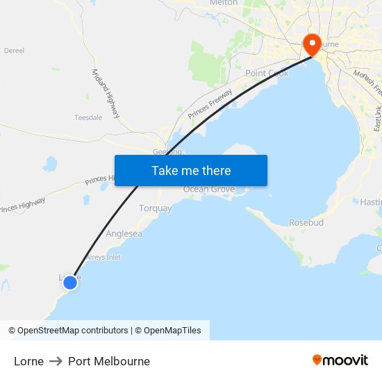 Lorne to Port Melbourne map