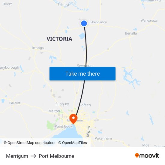 Merrigum to Port Melbourne map