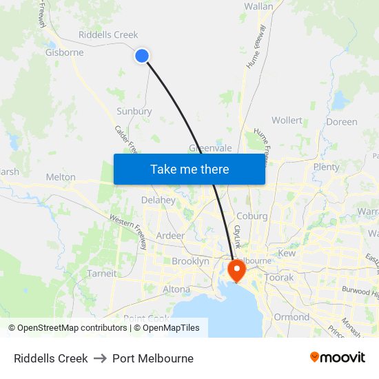 Riddells Creek to Port Melbourne map