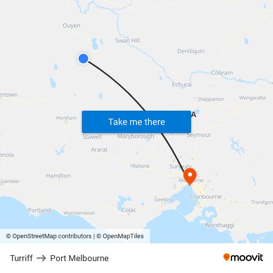 Turriff to Port Melbourne map