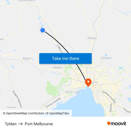 Tylden to Port Melbourne map